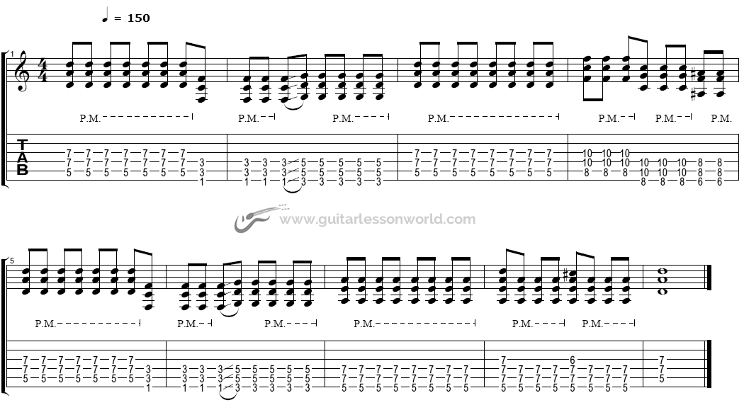 This rock riff uses power chords with palm muting.