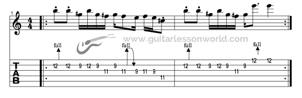 Rhythmic Rock Riff in E uses bends, staccato, eighth notes, and sixteenth notes