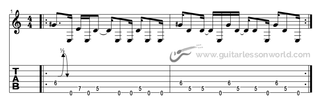 This rock guitar riff features a bend and several open E notes for a 90's feel.
